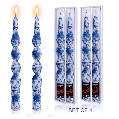 4 Pack White & Blue Printed Dinner Candle 9.8 inch Unscented Festival Candles 