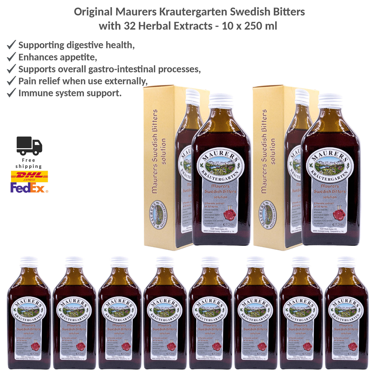 Original Maurers Krautergarten Swedish Bitters with 32 Herbal Extracts 10x250ml - Picture 1 of 7