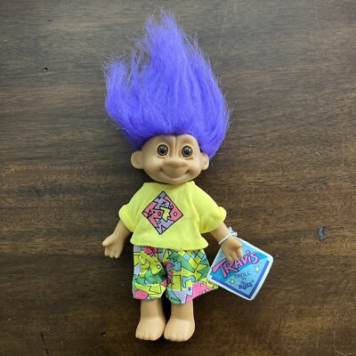 Vintage Troll By Russ Travis Purple Hair Brown Eyes Yellow Shirt Retro 1980s