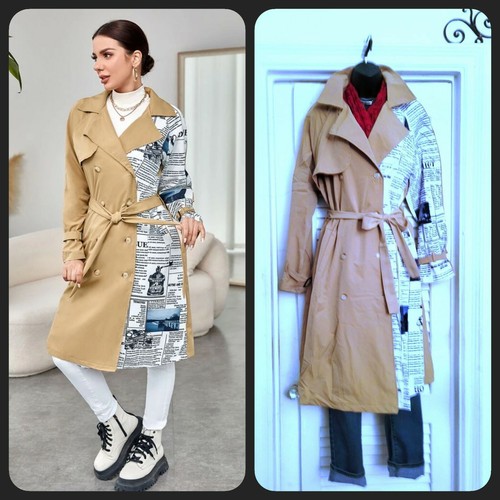 Women's Khaki Colorblock Newspaper Print Double-Breasted