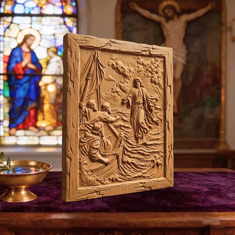 Jesus Christ Walks on Water Wooden Carved Handmade Christian Icon Home Decor