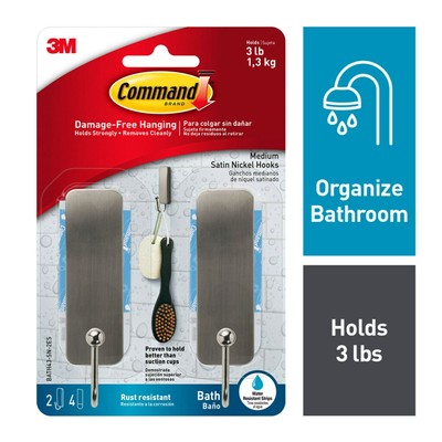 Command Bath Medium Hooks, Satin Nickel, 2 Wall Hooks, 4 Water Resistant Strips