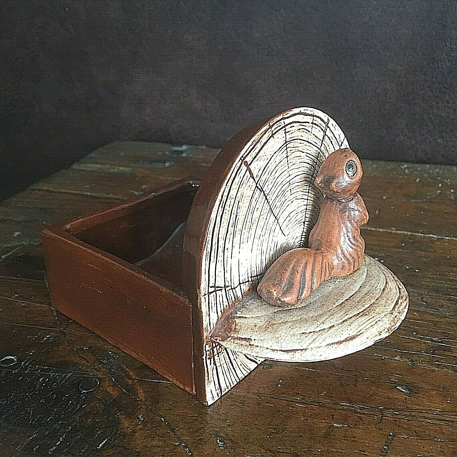 1980s Handmade Squirrel on a Log Nut Candy Dish Ceramic Pottery