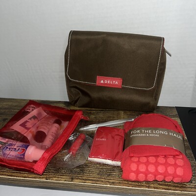 Delta Airline Travel Flight Amenity Bag Kit, Brown Zippered Bag 