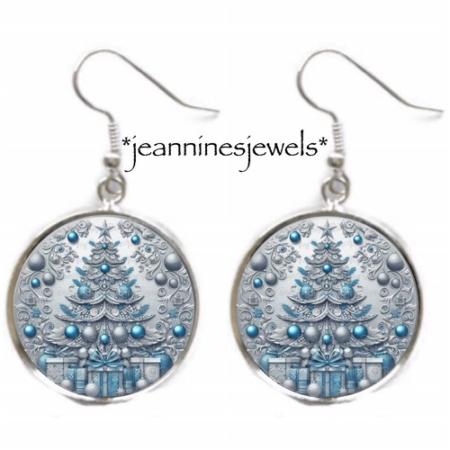 Blue Christmas Tree Earrings Vintage Victorian ART PRINT Silver Charm Dangle