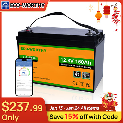 ECO-WORTHY 1920Wh 12V 150Ah LiFePO4 Lithium Battery Bluetooth monitoring For RV