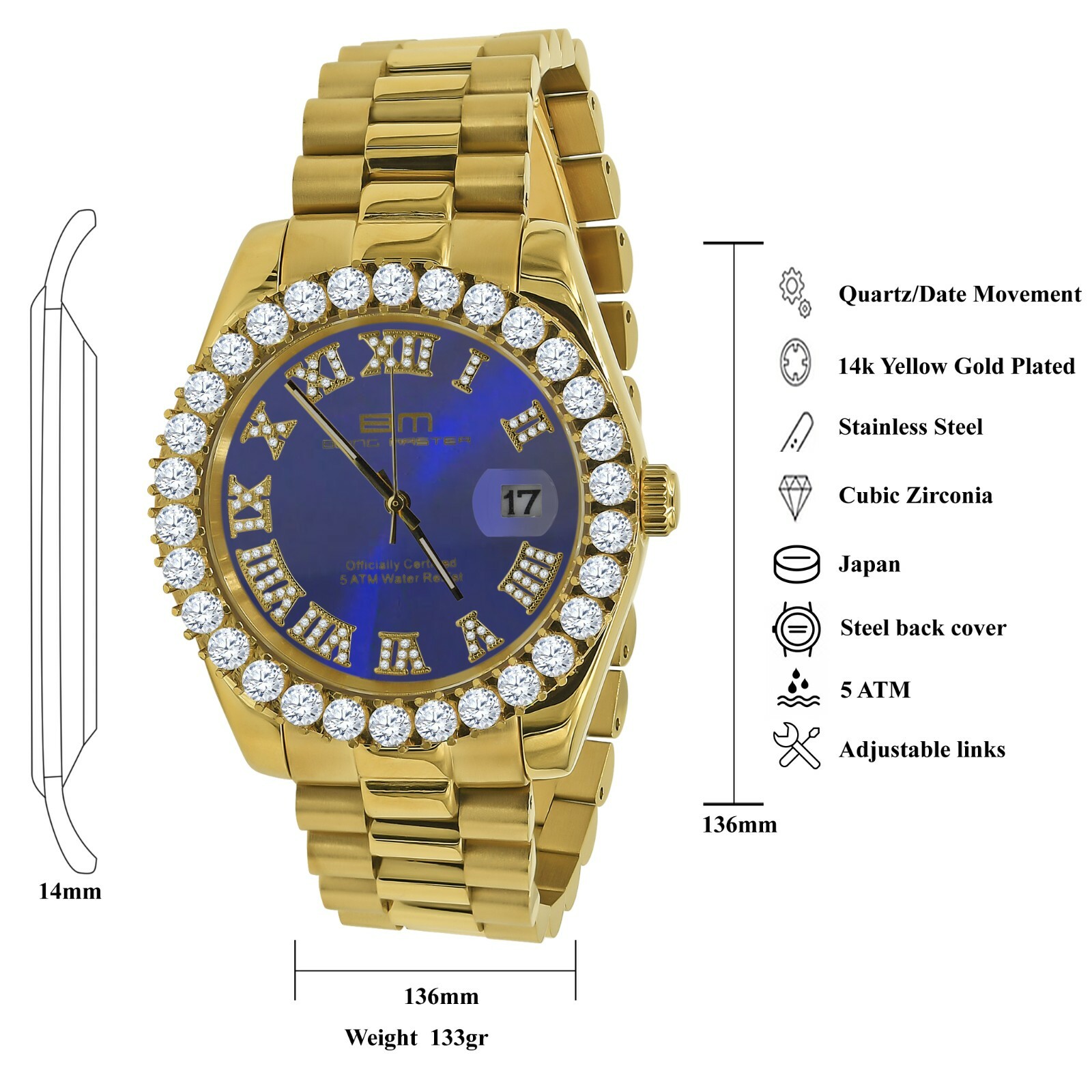 Pre-owned Bling Master Blue Dial Solid Steel Men's 18k Gold Tone Diamonds President Watch W/date 42 Mm