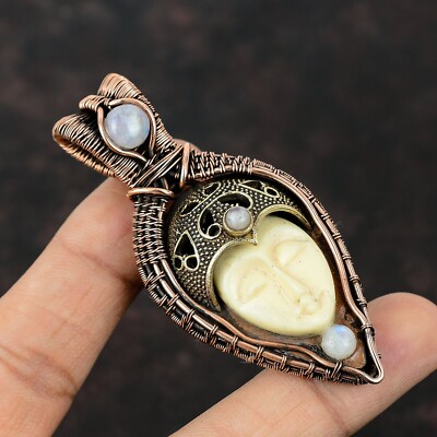 White Carved Stone Wire Wrapped Pendant Handcrafted Copper Unique Jewelry 2.95''