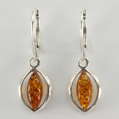 Cognac / Brown BALTIC AMBER Oval Leverback Earrings 925 STERLING SILVER #1541e