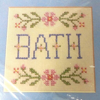 Creative Circle Stamped Cross Stitch Embroidery Kit 1846 So Pretty Bath Sign Vtg