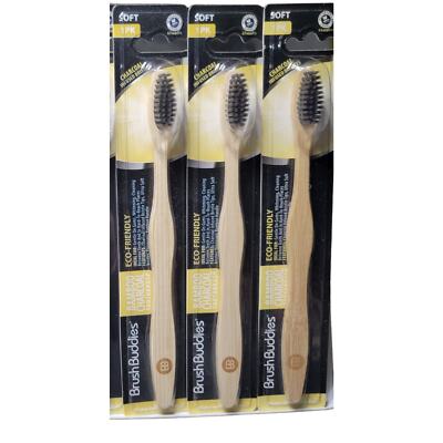 Lot of 3 Brush Buddies Bamboo Charcoal Toothbrushes Soft Bristle Eco-Friendly 