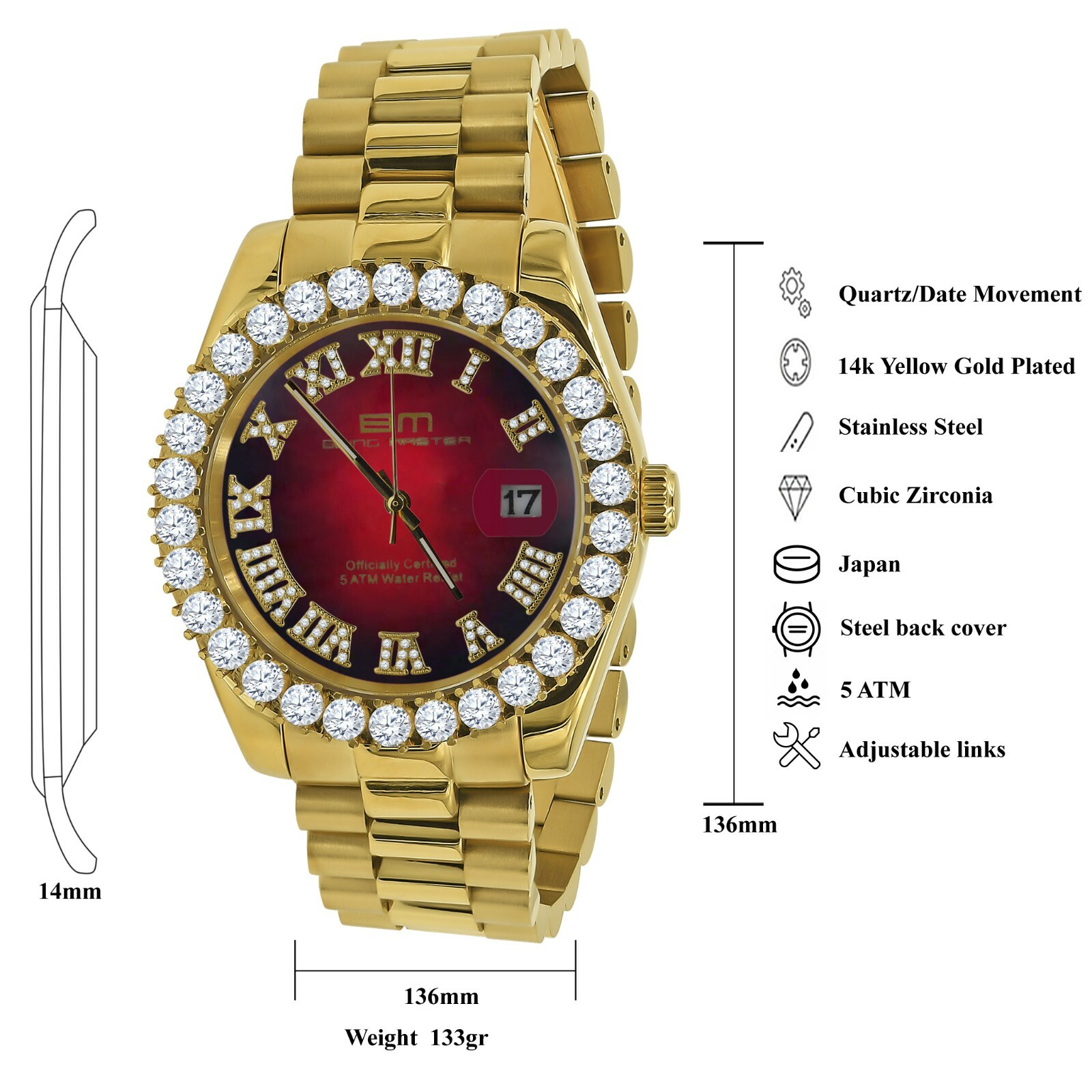 Pre-owned Bling Master Ruby Red Dial Solid Stainless Steel Men's 18k Yellow Gold Tone Finish Watch 42mm