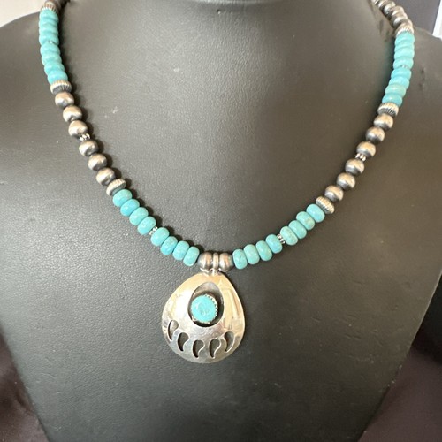 Pre-owned Handmade Mens Blue Turquoise Bearpaw Pendant Navajo Pearls Sterling Silver Necklace 17880