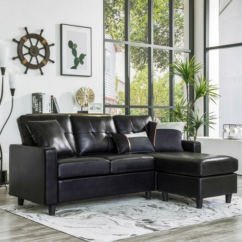 Black Faux Leather Sectional Sofa L Shaped Couch W Reversible