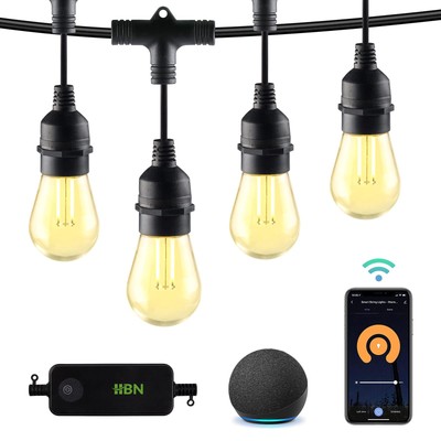 HBN 48ft Smart Outdoor Dimmable Patio Light LED Lights Smart String Light 24 ...