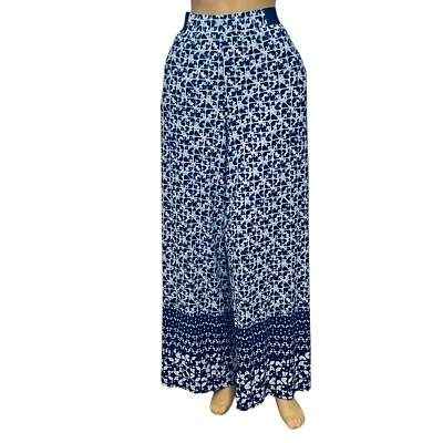 Ruby Rd Palazzo Pants Blue White Mosaic Wide Leg pull On Stretchy Sz XL NWOT