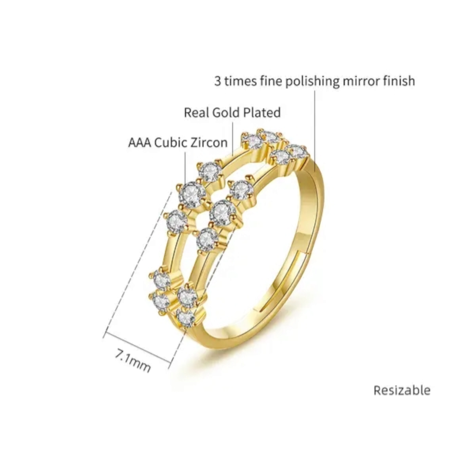 Gold Plated Band Adjustable Matching Wedding Ring With Cubic Zirconia For Women