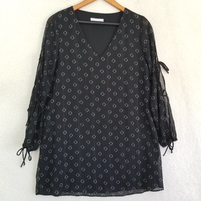THREE EIGHTY TWO Anthropologie Black Blouse Open Slit Sleeves Sheer Size XS