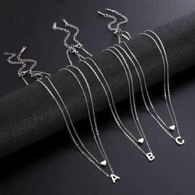 Women Stainless Steel Heart Initial Letter Necklace Alphabet A-Z Pendant
