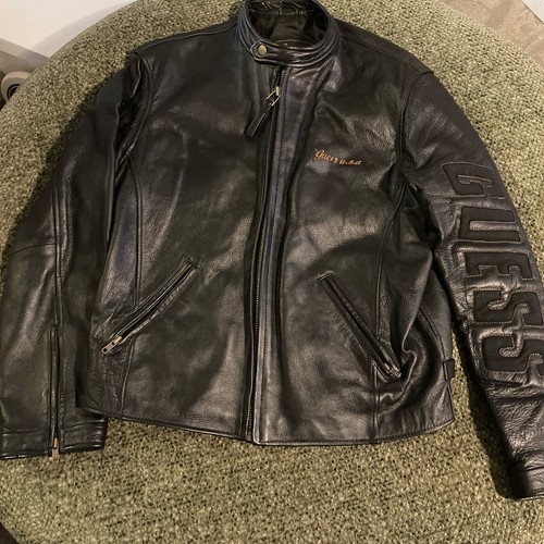 Vintage 90s Guess Leather Racer Jacket Black Embossed