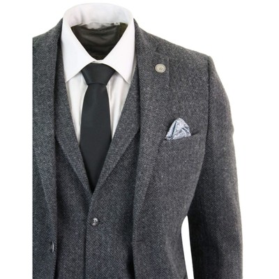 Pre-owned Truclothing Mens Grey Black 3 Piece Tweed Suit Herringbone Wool Vintage Retro In Charcoal