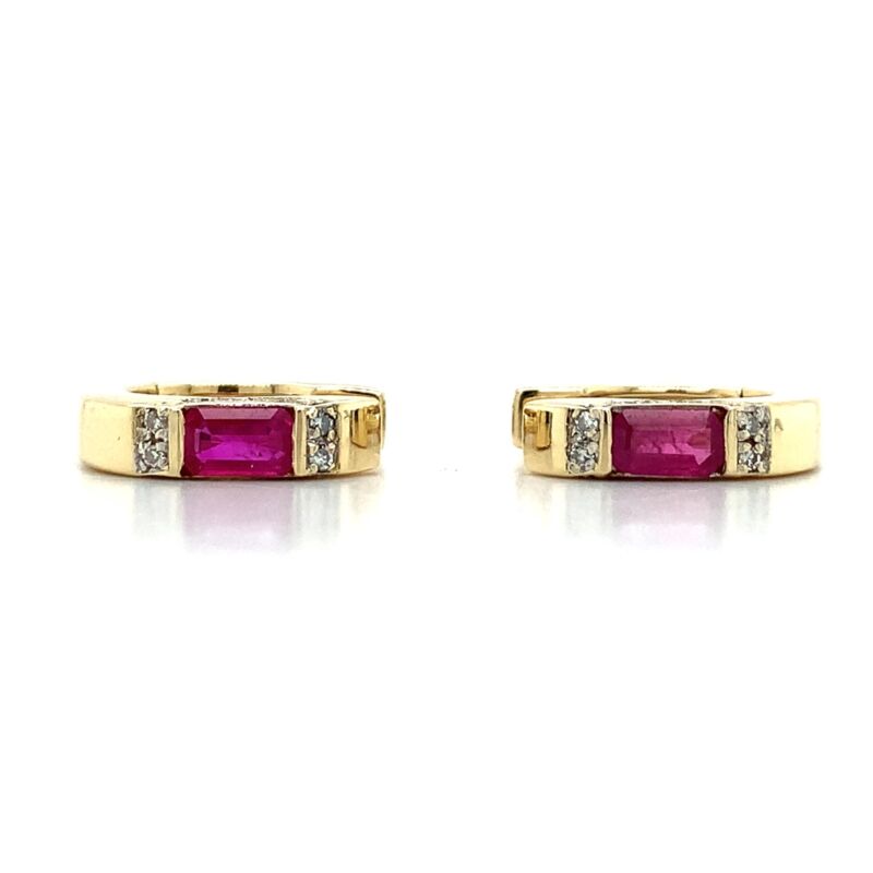 14k Yellow Gold Emerald Cut Ruby & Round Diamond Huggie Earrings