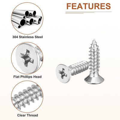 DTGN 100Pcs M5x20mm Flat Head Wood Screws 304 Stainless Steel Phillips Self T...