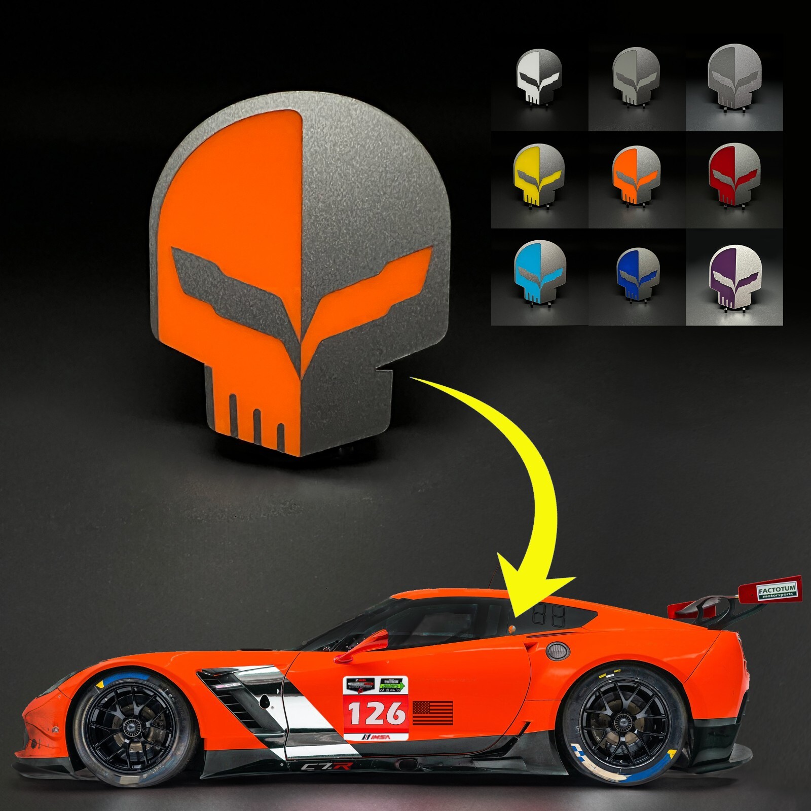 ONE (1) C7R JAKE Skull fits Chevy Corvette Racing Emblem