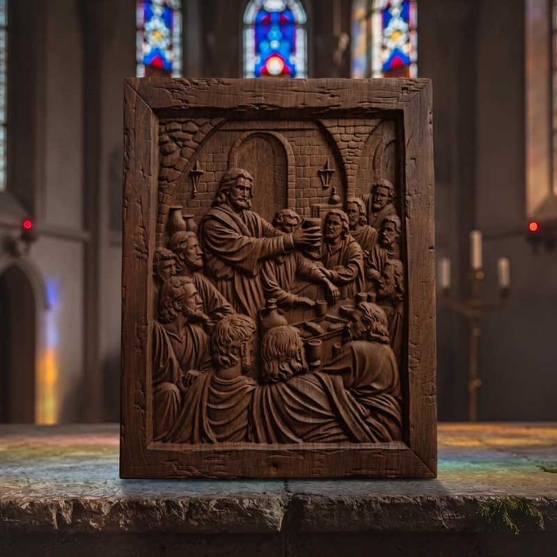 Jesus Christ Blesses the Wine Wooden Carved Handmade Christian Icon Home Decor
