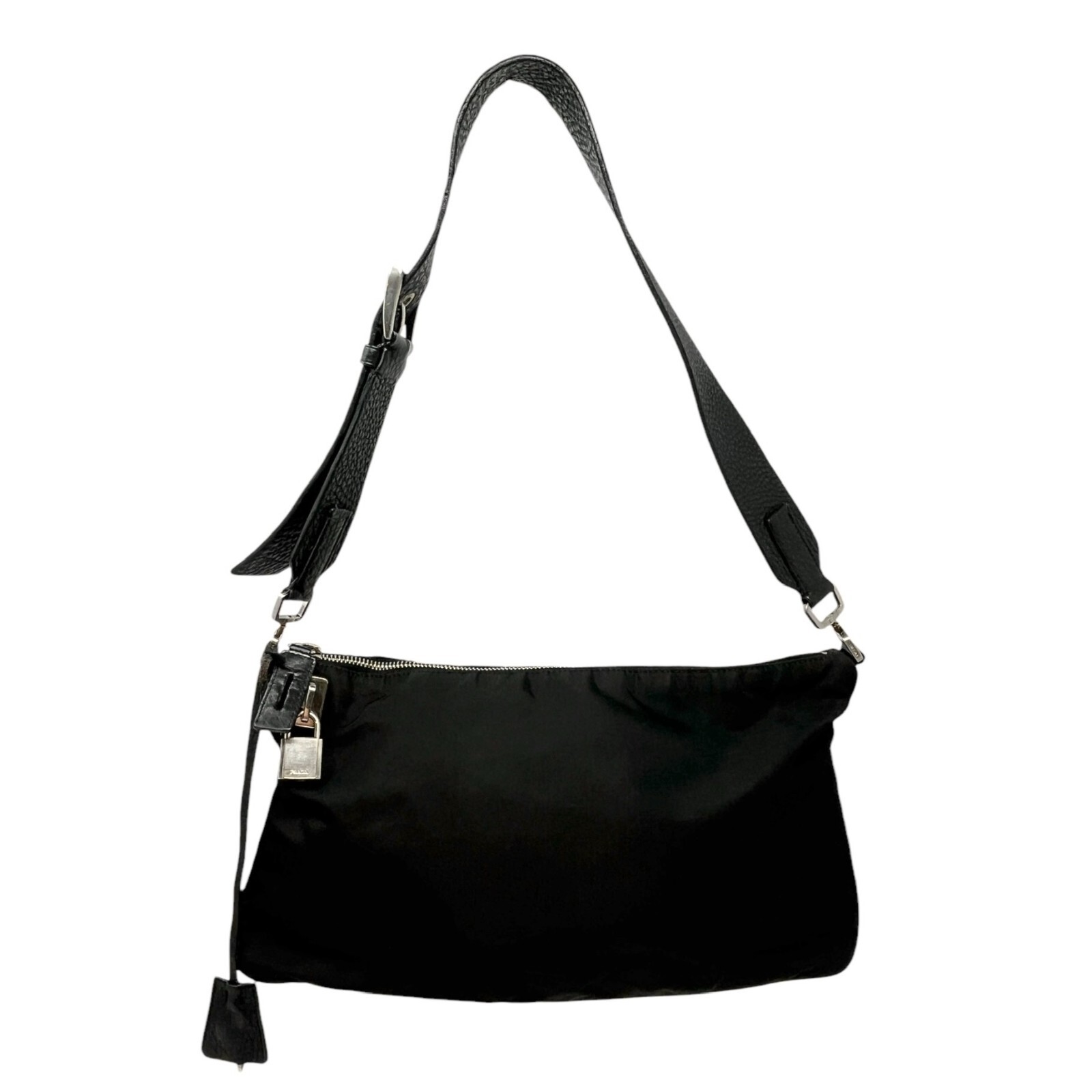 PRADA Vintage Logo Shoulder Bag Zip Padlock Black Silver Nylon