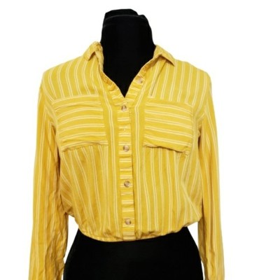 Harper Top Womens Blouse Mustard White Striped Long Button Tab Sleeve Crop Small