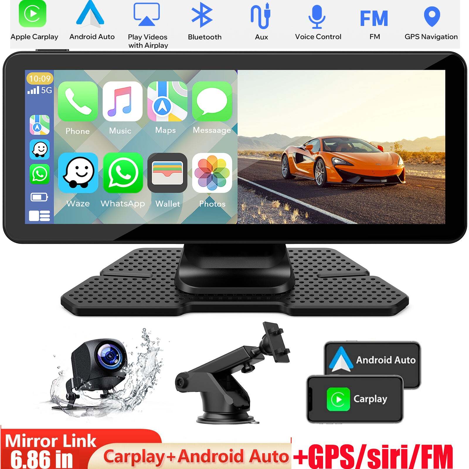6.86 inch Wireless Portable Apple CarPlay Android Auto For C