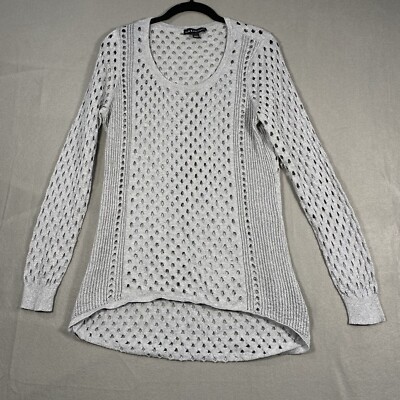 Rock & Republic Open Knit Top Mesh Women s Size Large Long Sleeve Grey Silver