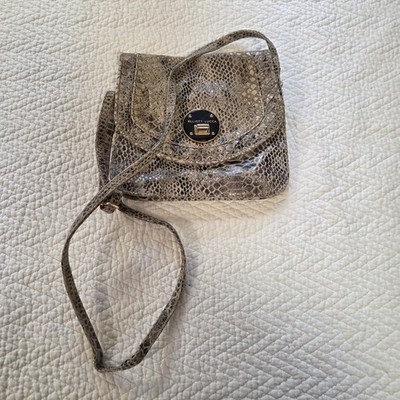 Elliott Lucca Gray Beige Snakeskin Print Leather Crossbody Bag Turn Lock Small