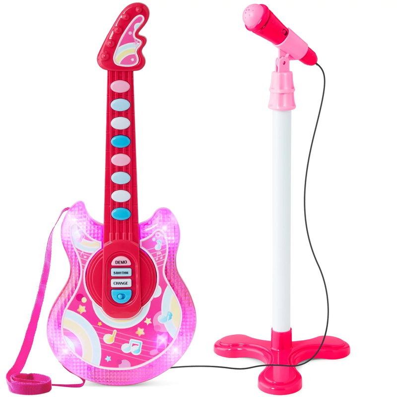 19-Inch Kids Flash Guitar with Microphone and Stand - Pink Musical Toy