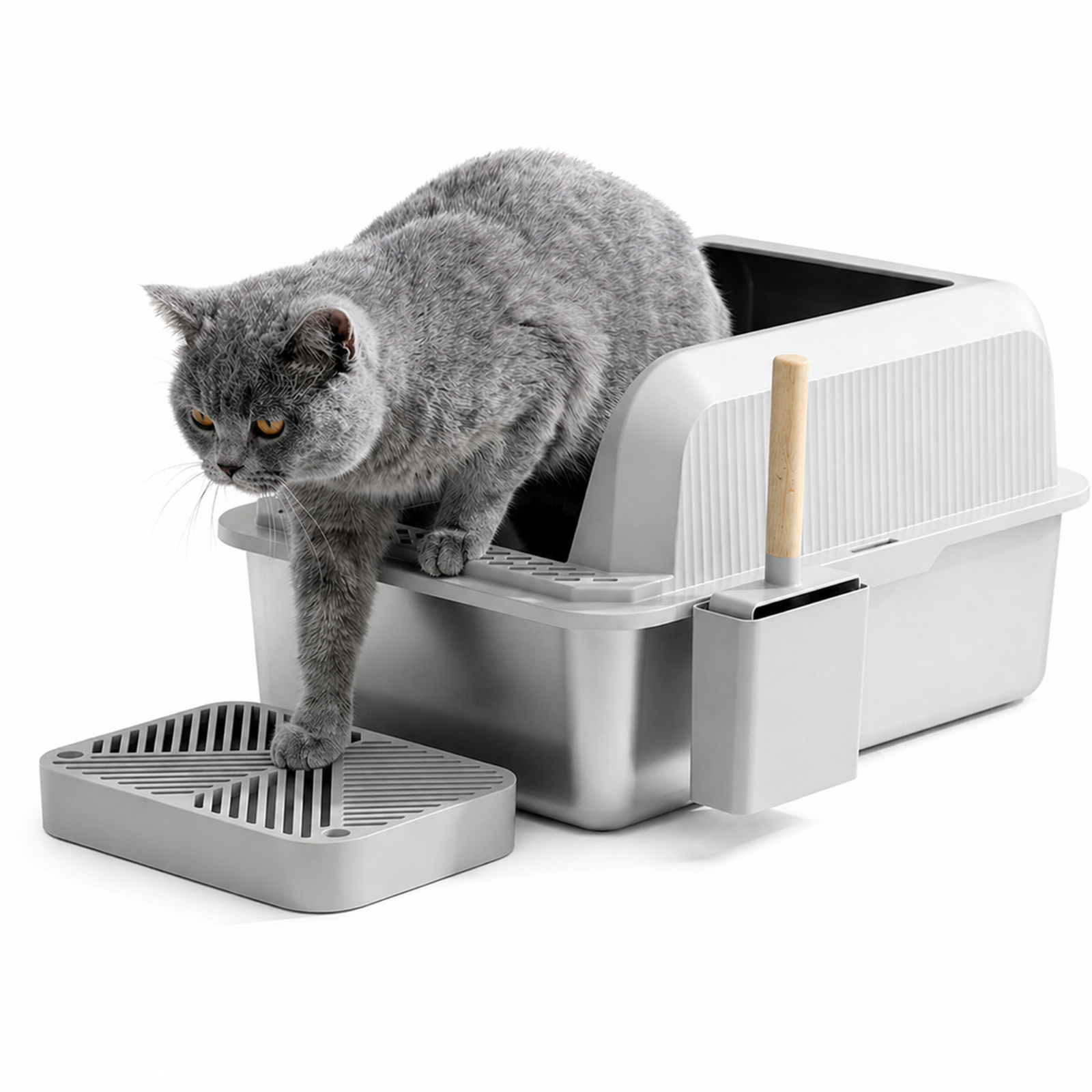 Stainless Steel Cat Litter Box High Sided With Scoop and Footboard 60x40x30cm