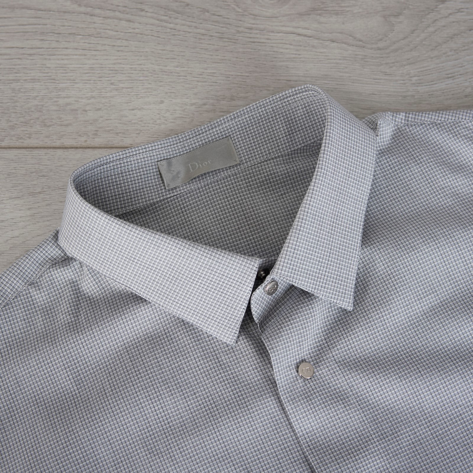 Pre-owned Dior 750$ Dress Shirt In Gray Micro Check Cotton Palladium-finished Snap Buttons