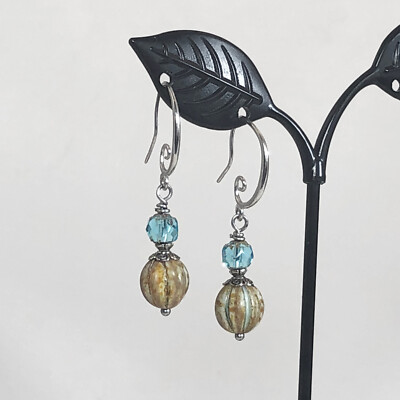 Rustic Earrings w Czech Glass Picasso Green Melons, Faceted Aqua Cathedrals