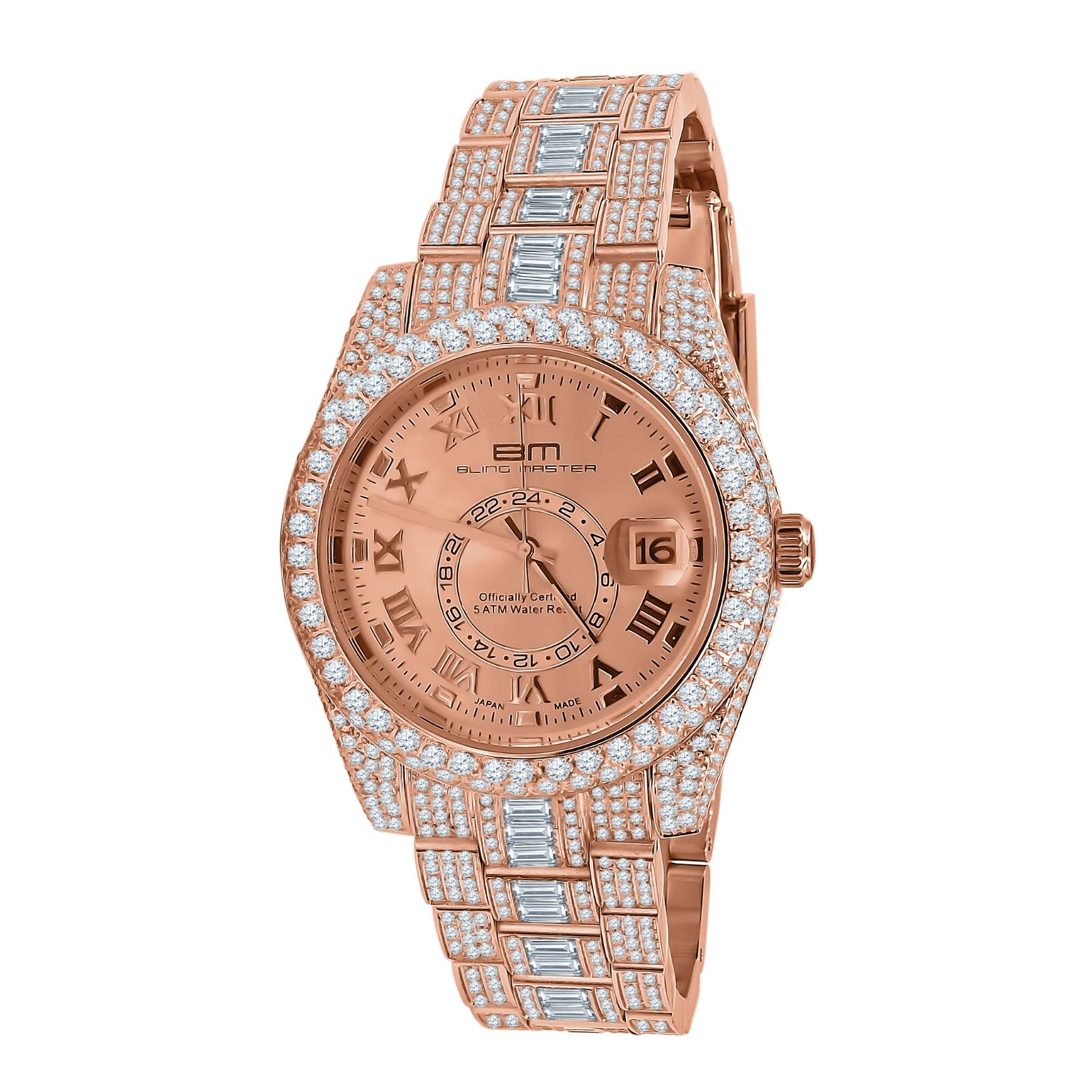 Pre-owned Bling Master - Knight Stainless Steel Men's 18k Rose Gold Finish Simulated Diamonds Watch W/date 42mm