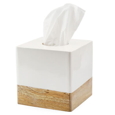 White/Mango Wood Square Tissue Box Cover; Enamel Minimalist Scandinavian Cube