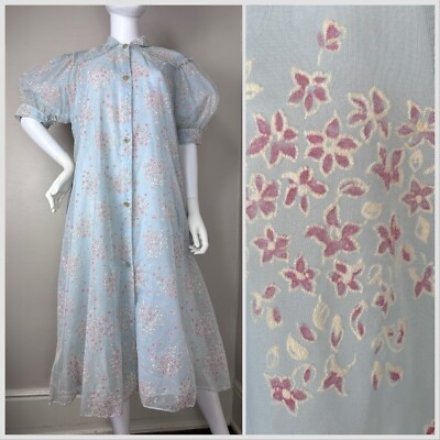 Vintage 1950s Sheer Blue Flocked Floral Robe 50s By Jane Joyce Lingerie