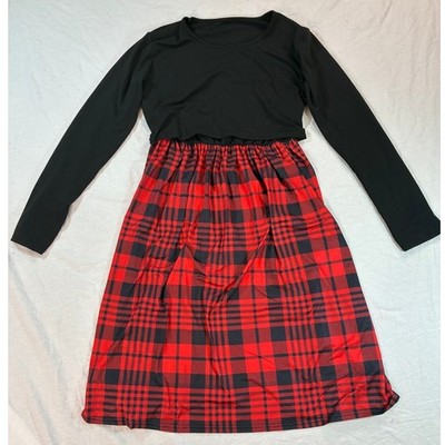 Unbranded Women's XL Long Sleeve Plaid Skirt Combo Dress Black Red Holiday V72