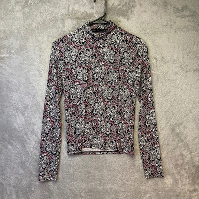 Express Top Women Small Mock Neck Black White Red Paisley Floral Long Sleeve EUC