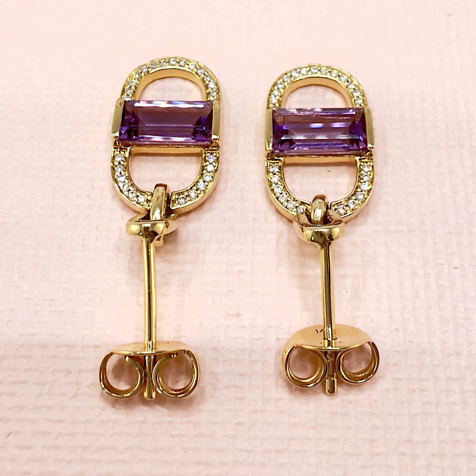 14k Yelow Gold Genuine Amethyst & Diamond Monernist Dangle Earrings, New - Picture 8 of 11