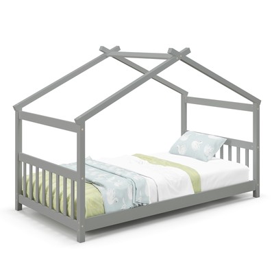 Twin Size House Bed Solid Wood Frame Low Floor Kids Bed for Themed Room Grey