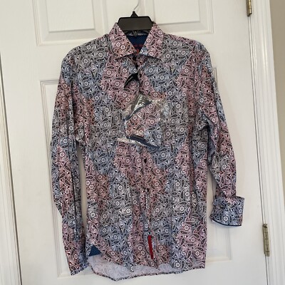 Luciano Visconti Black Shirt Mens Size Small Button up Blue print and Face Mask