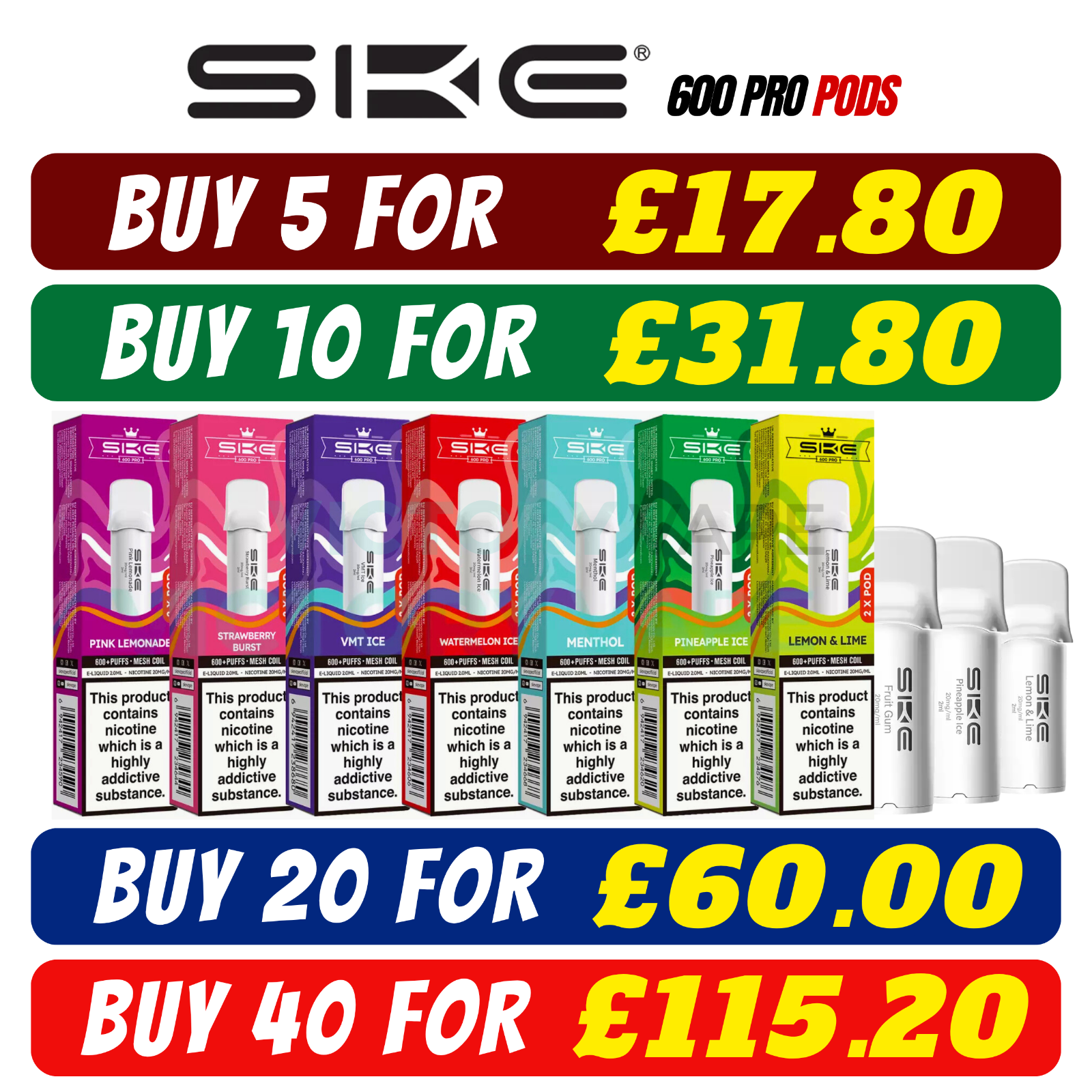 SKE Pro Prefilled Pods SKE 600 Pro Pods 10mg 20mg 600 Puffs Replacement Pods UK