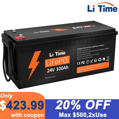 Litime 24V 100Ah LiFePO4 Lithium Battery BMS 2560Wh for Off-grid Solar Marine