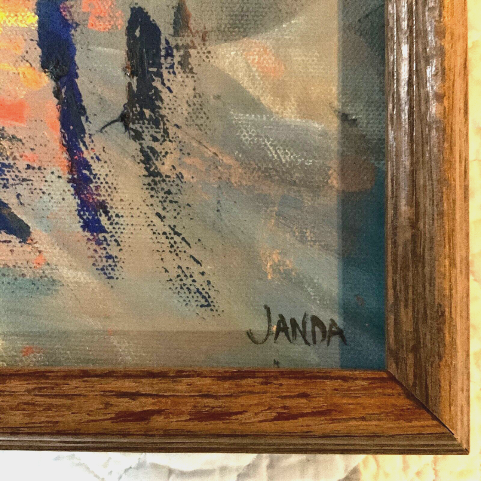 VINTAGE abstract original hand painted PAINTING blues gold sunset small by Janda