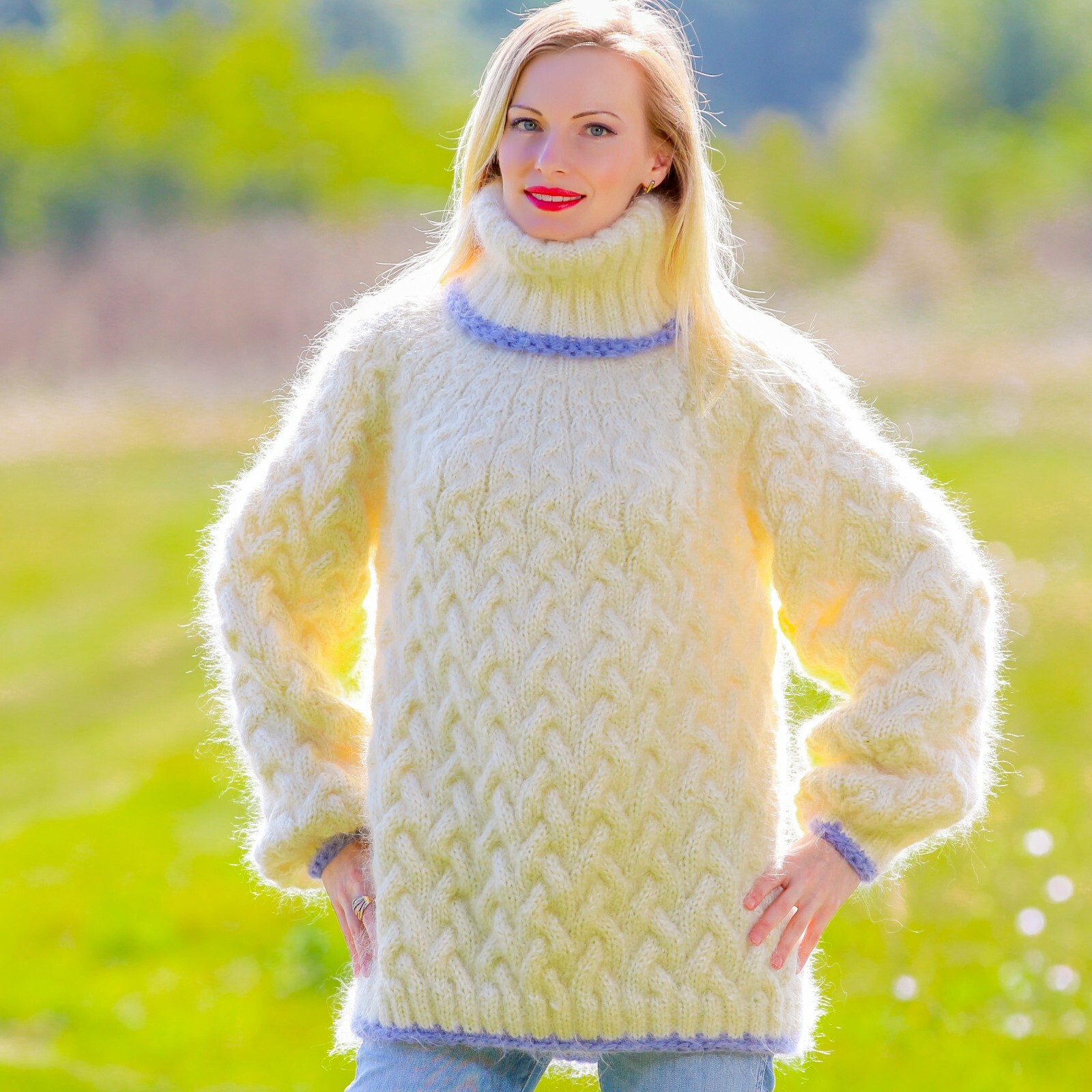 Ivory thick turtleneck sweater hand knitted winter designer